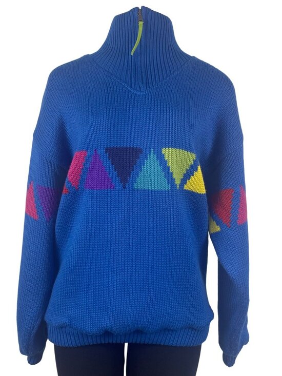 Sos Redline Vintage Unisex Blue Half-Zip Sweater With Triangle Pattern - Picture 1 of 7